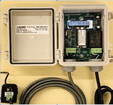 WasteNet monitoring unit with enclosure open, circuit board and current sensor